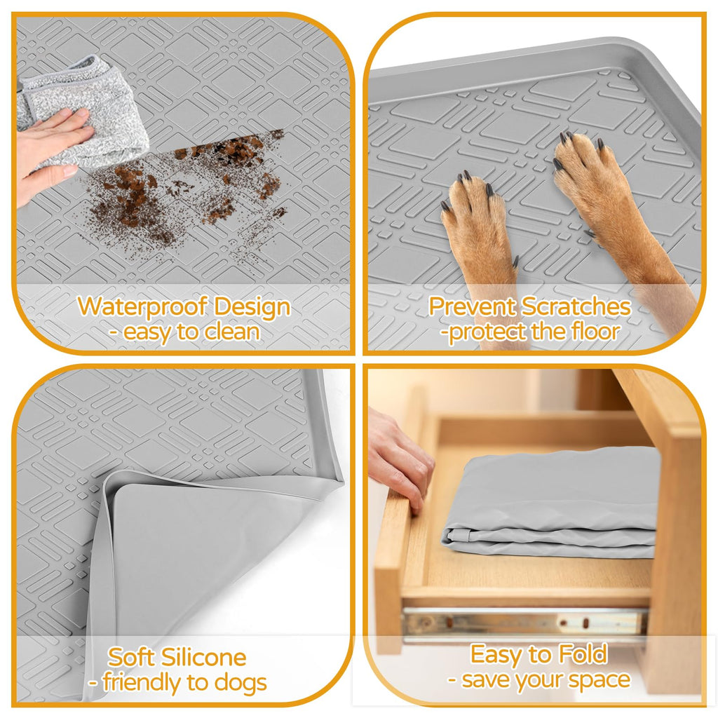 Lanstics Dog Food Mat 42" x29" Silicone Mat with Raised Edge Light Gray