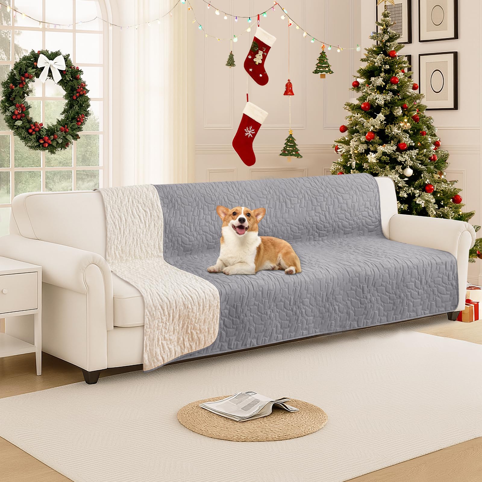CYCMACO Waterproof Dog Blanket, Non-Slip Soft Pet Bed Cover, Couch Cover for Dogs Washable, Protects Sofa, Furniture, Crate, Car, Tear Resistant Leakproof Pet Blanket (82x82 Inch, Light Grey)