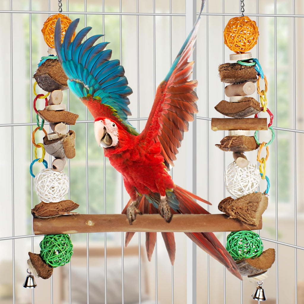 unimaxlink 3-in-1 Parrot Toys Natural Coconut Fiber Parrot Hammock (Swing + Perch + Chew Toy) Natural Bird Perches for Medium Large Birds - 23" Bird Toys for Parrots Stand