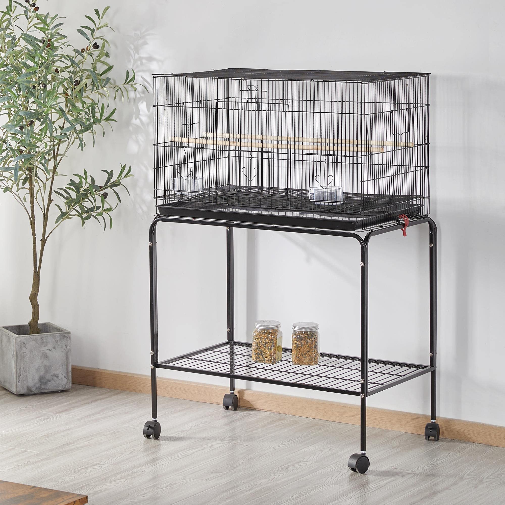 Yaheetech 47-inch Rolling Breeding Flight Bird Cages for Parakeets Budgies Finches Cockatiels Conures Lovebirds Canaries Parrots w/Detachable Stand, Black