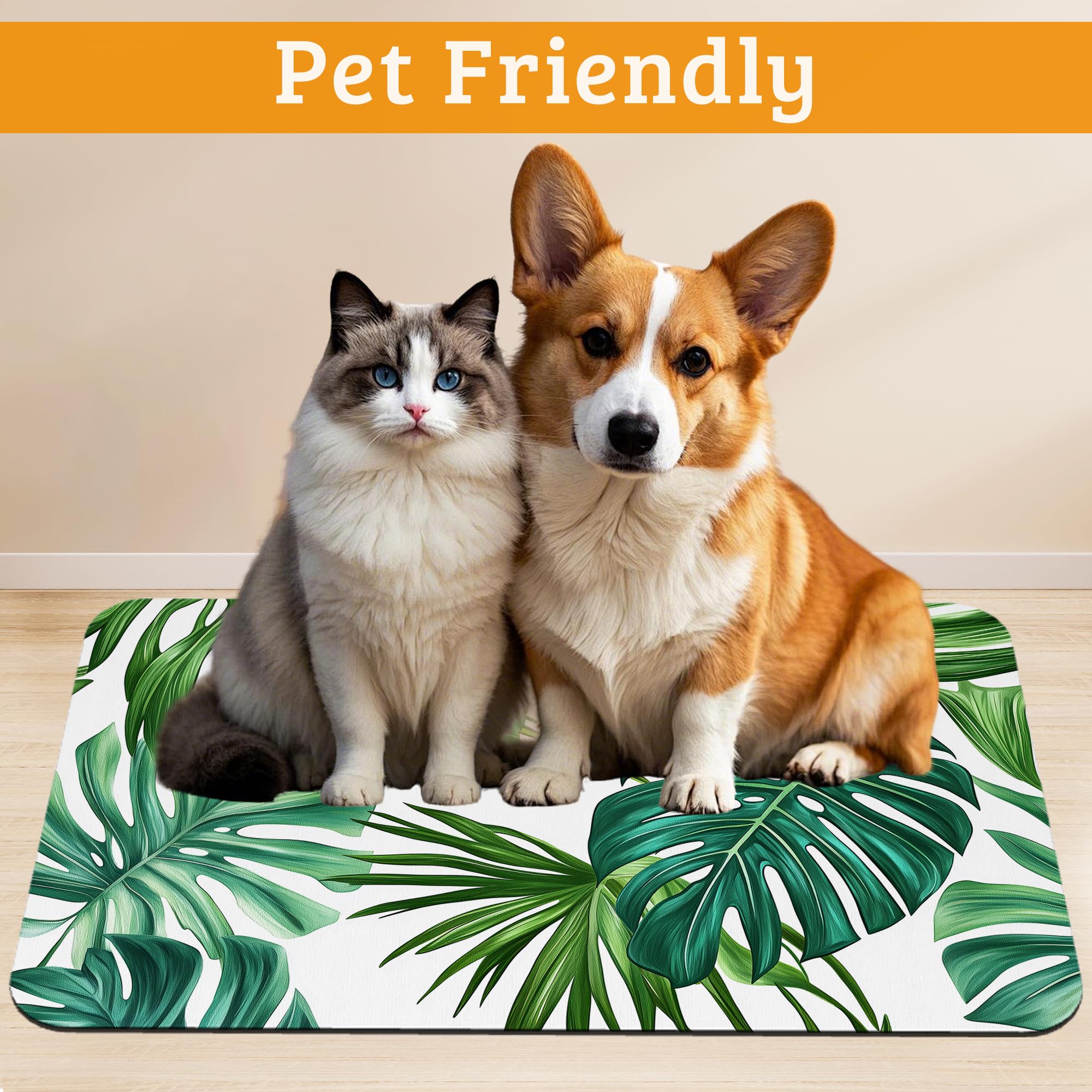 Dog Bowl Mat,Leaves Pet Feeding Mat for Floors Waterproof,Tropical Palm Absorbent Dogs Placemat for Food and Water Quick Dry Pet Cat Feeding Mats with Non Slip Bottom 16" x 24"