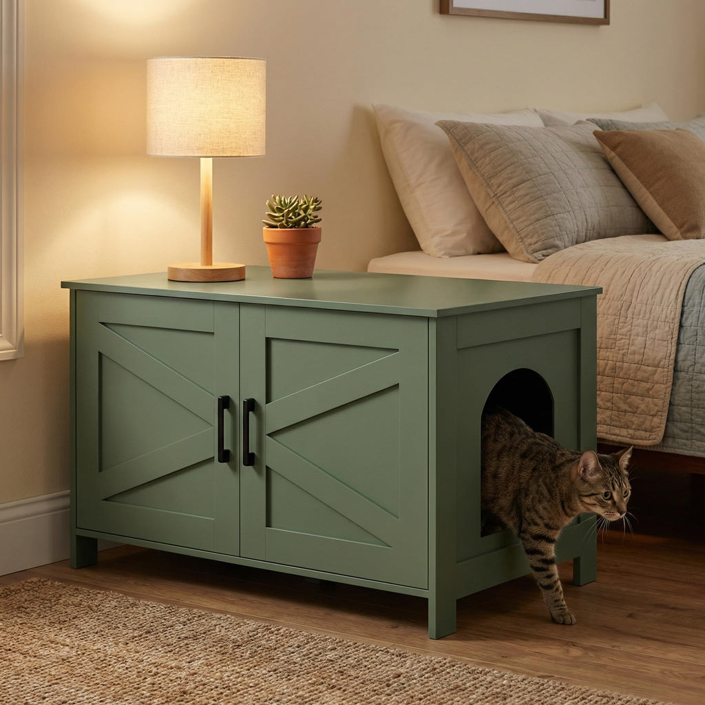 Homhedy 31.5" L Cat Litter Box Enclosure with Barn Door, Green