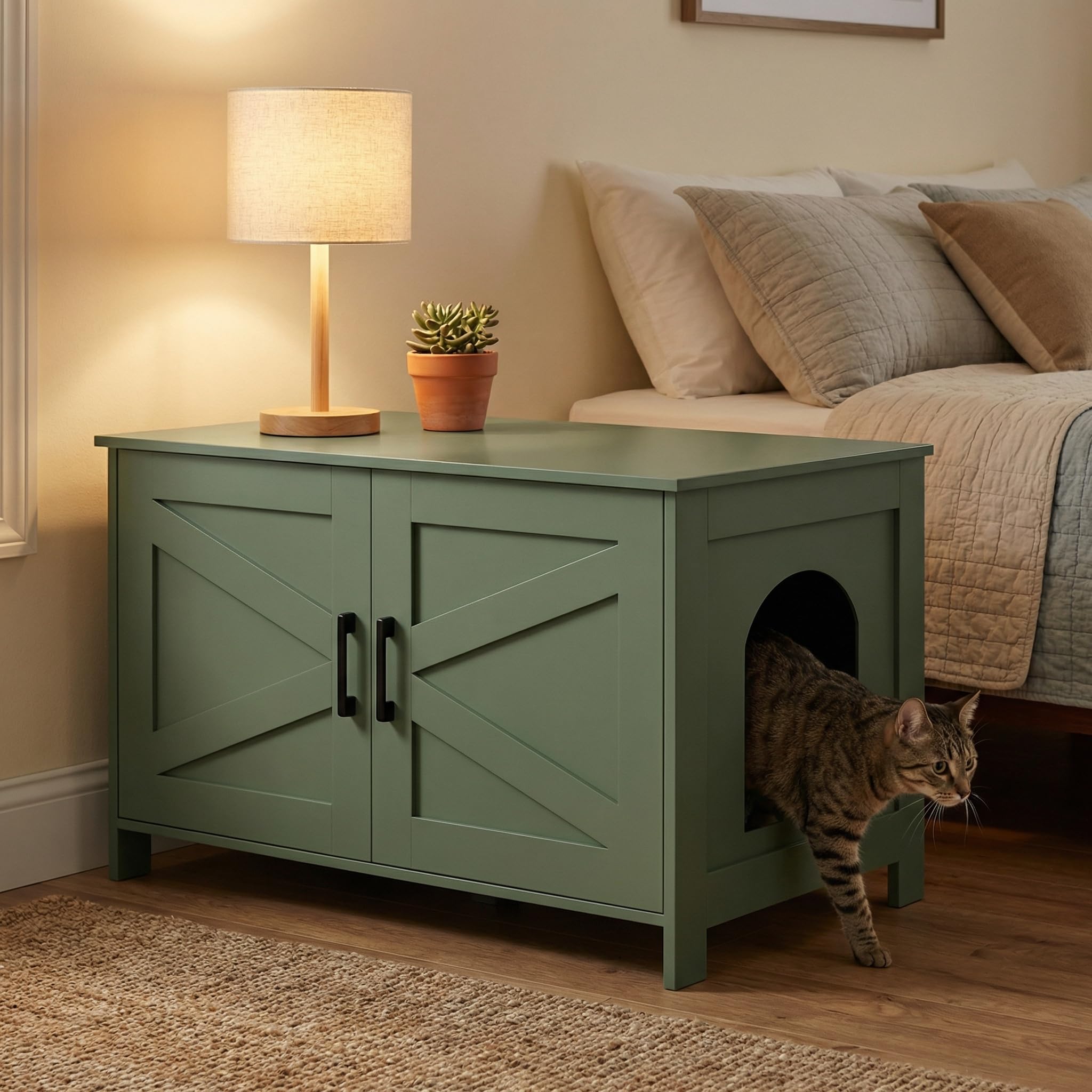 Homhedy 31.5" L Cat Litter Box Enclosure with Barn Door, Green