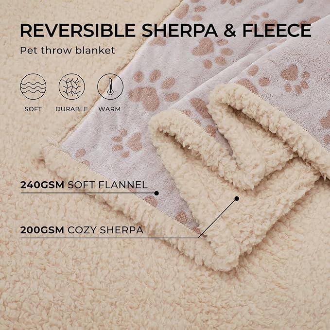 Luciphia Waterproof Pet Blankets Whith Paw Print for Couch Sofa Bed Cover, Liquid Pee Proof Soft Fluffy Dog Blanket Washable, Reversible Furniture Protection Puppy Cat, Khaki, Small（40" x 28"）