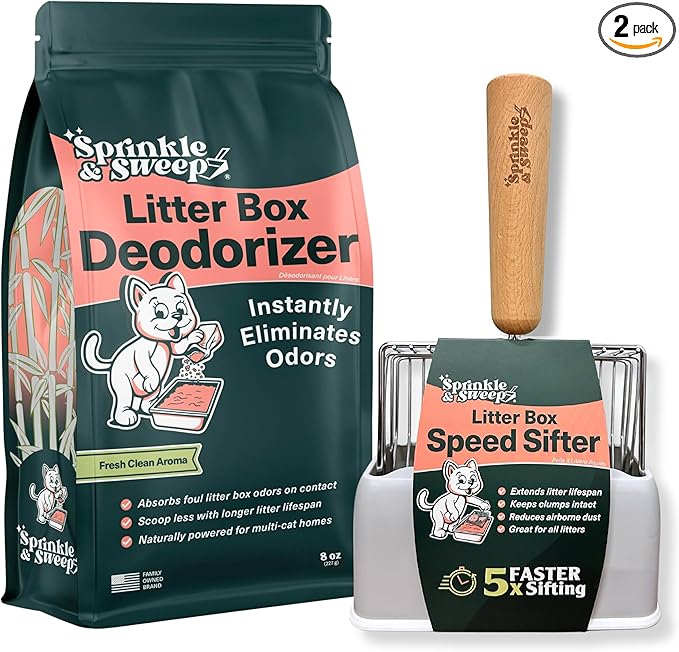 Sprinkle & Sweep Litter Box Deodorizer - Cat Litter Deodorizer Non Toxic and Safe for Kittens - Instantly Eliminates Foul Smells and Urine Odors (1 Bag + Speed Sifter)