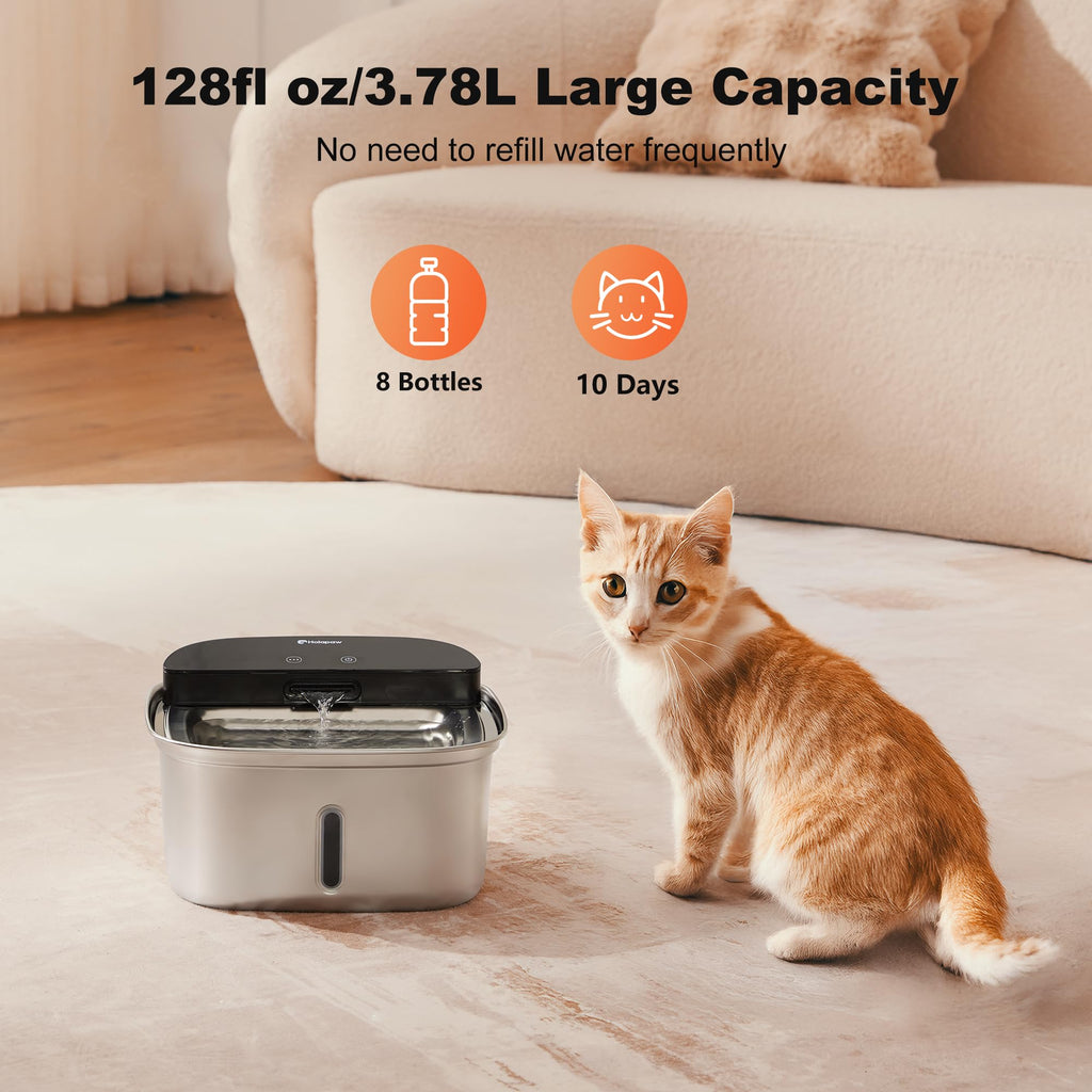 HOLAPAW Wireless Cat Water Fountain Stainless Steel, 128oz/3.78L Cordless Automatic Water Dispenser for Cats and Dogs, Battery Operated Drinking Fountain for Pets with Motion Sensor, Ultra Quiet Pump