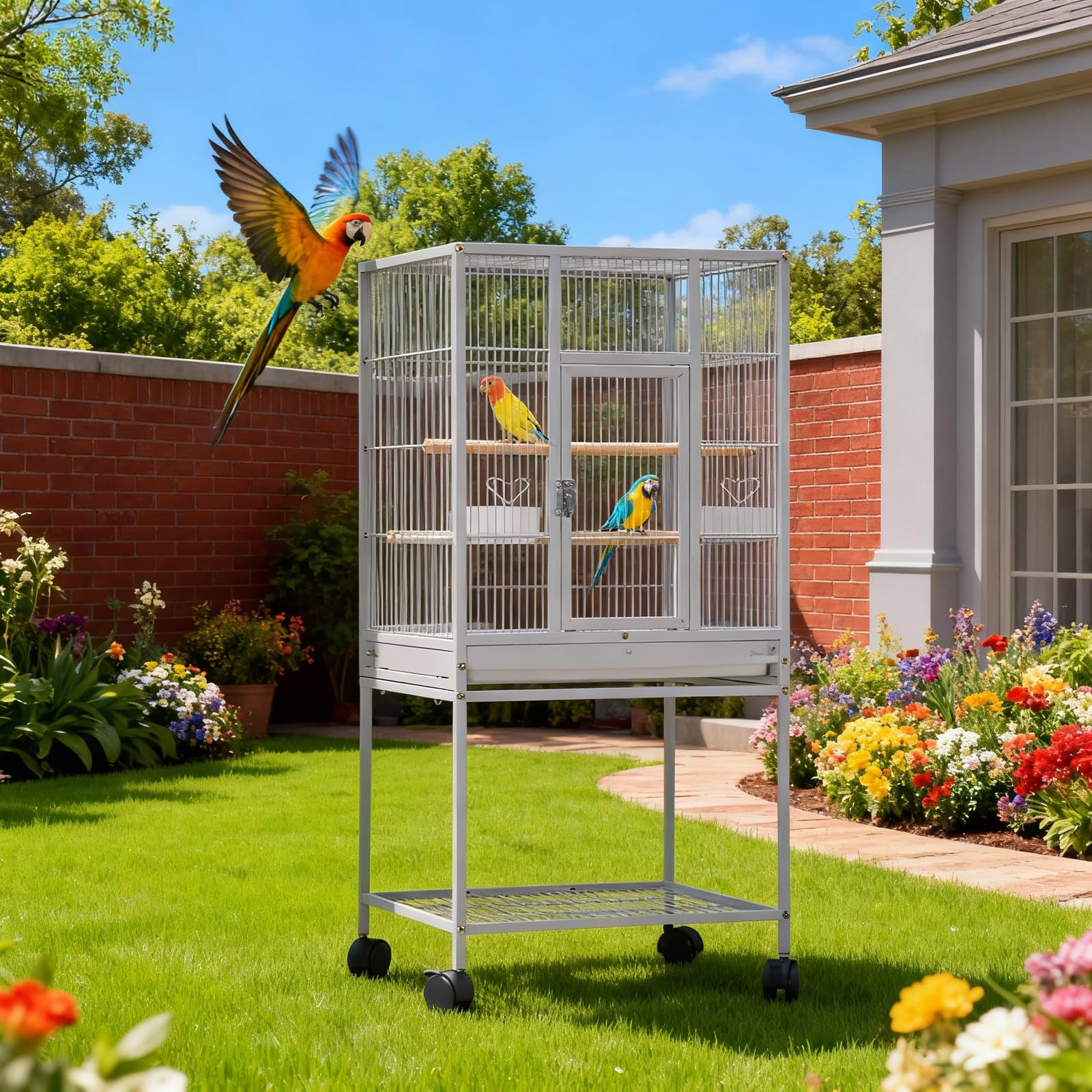 52'' Wrought Iron Birdcage with Detachable Rolling Stand & Feeder, Large Bird Cage with Secure Lock & Slide-Out Tray, Indoor Outdoor Bird Cage on Wheels,Parrot Cages for Parakeets, Pigeons, White