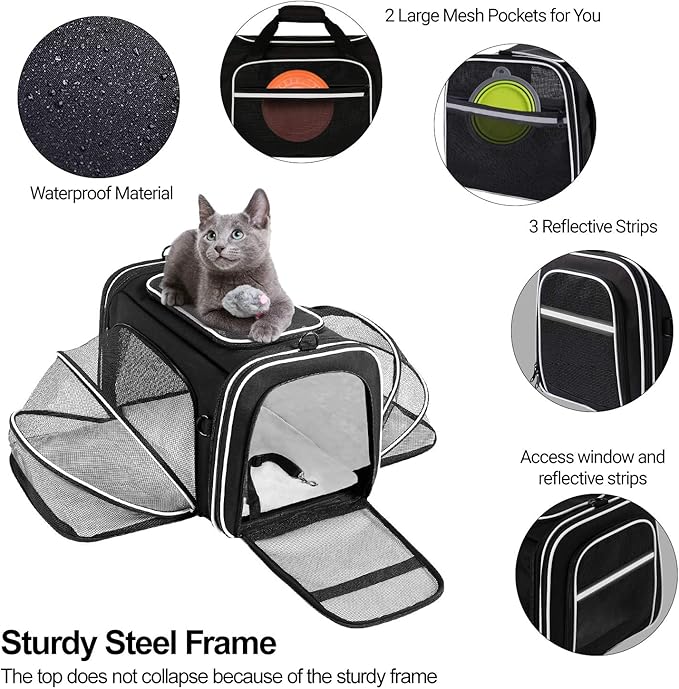 MASKEYON TSA Airline Approved Large Pet Travel Carrier,4 Sides Expandable with 2 Mesh Pockets,3 Entry, Soft Sided Collapsible Dog Carrier for 2 Cats,Kittens,Puppies,Dog, X-Large, Black & White
