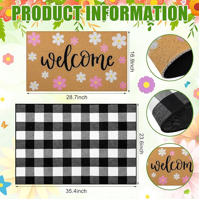 Tinideya 2 Pcs Spring Door Mat Outdoor Layerd Pink Flower Welcome Mat