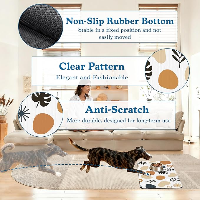Boho Style Dog Food Mat–Absorbent Quick Dry Feeding Placemat for Food and Water Bowls, Non Slip Rubber Backing, Waterproof Pet Supplies for Mess-Free Eating 12"x20"