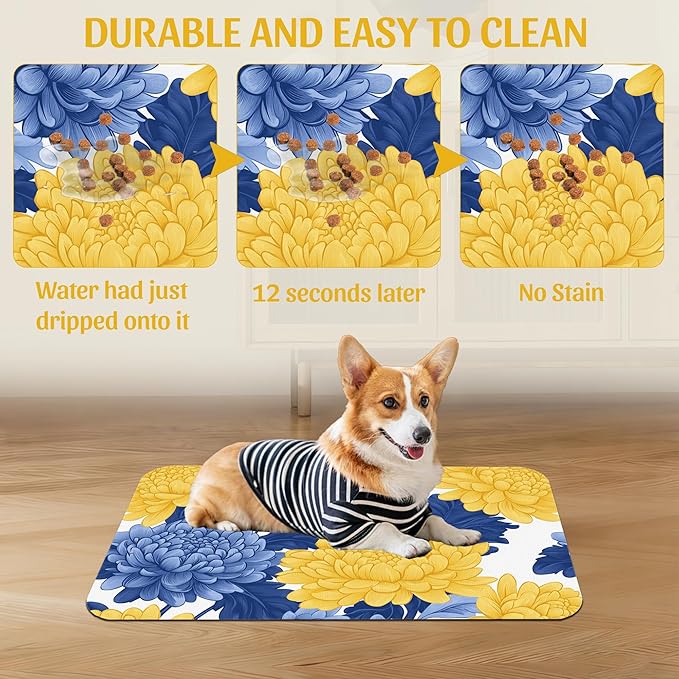 Blue Yellow Flowers Pet Feeding Mat, Quick Dry Absorbent Water Bowl Mat for Dogs and Cats, Anti-Slip Bottom, Indoor Use – 16x24 Inch