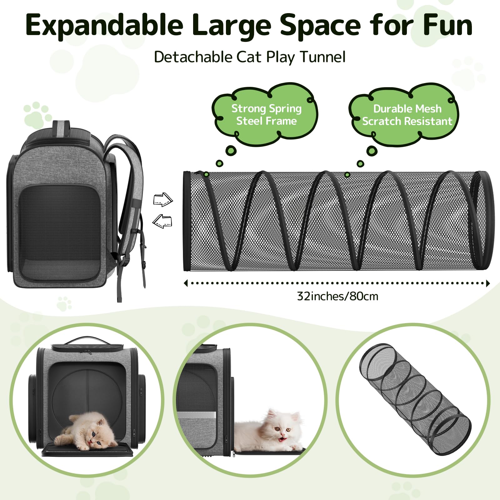 Pawtners Cat Backpack with Play Tunnel, Design for Carrying Playing Grey
