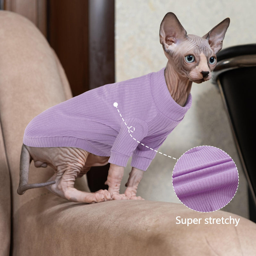 PUMYPOREITY Cat Clothes: Stretchy Cat Shirt & Sweater with Sleeves for Sphynx, Devon Rex & More - Purple