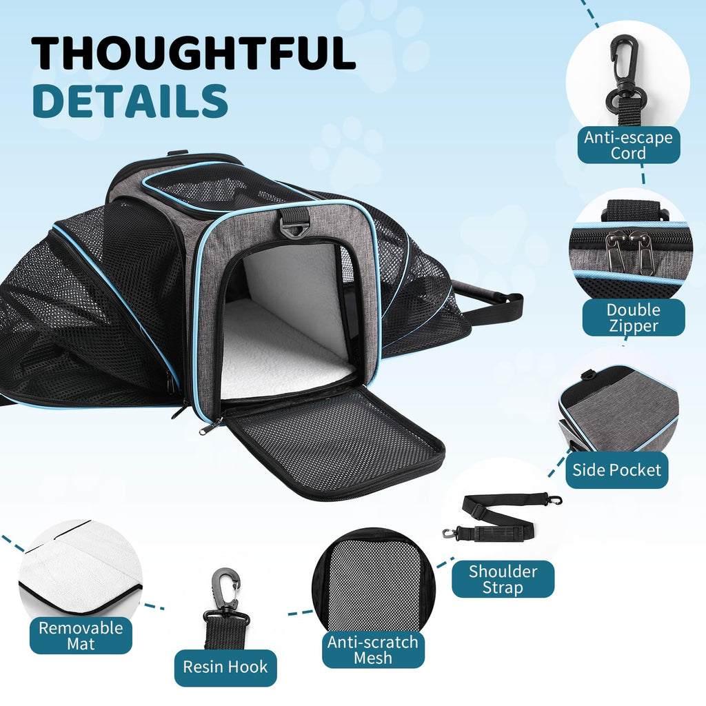 Cat Carrier - Airline Approved Expandable Soft Side Pet Carrier, Collapsible Pet Travel Bag Carrier with Foldable Pet Bowl for Cat Small Animals Under 14LB, 17 * 11 * 11