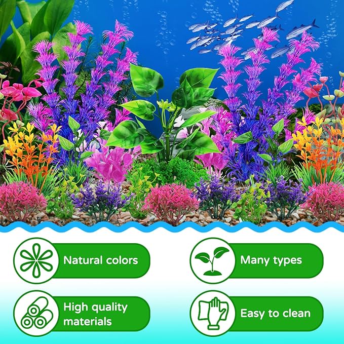 QUOZUO Aquarium Decorations Plants, 20pcs Aquarium Decor Plants, Colorful Fish Tank Accessories, Fish Tank Plants Plastic Decoration for Aquariums