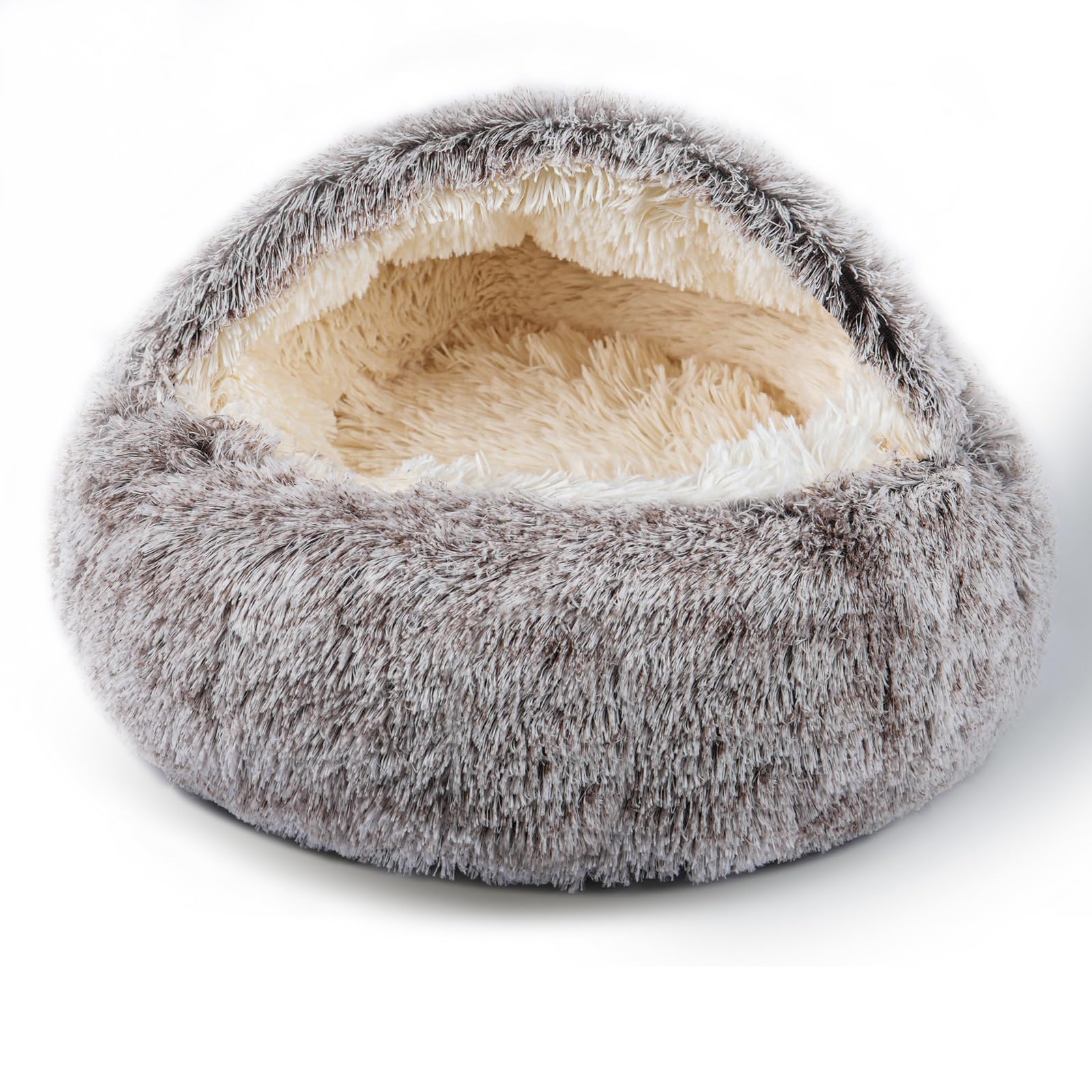BELEEWILWON Cat Bed for Indoor Cats, Calming Cozy Cave with Self-Warming Plush, Entire Bed Machine Washable & Anti-Slip Base, Breathable Pet Bed for Small Cats&Dogs All Seasons (Khaki, 24 * 24inch)