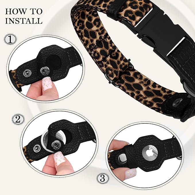 AirTag Dog Collar for Small Medium Large Breed - Adjustable Cute Pattern Dog Collar with Airtag Holder - Soft Leather Tracker GPS Apple Air Tag Pet Collars (Large, 17"-21" Neck Fit, Leopard)