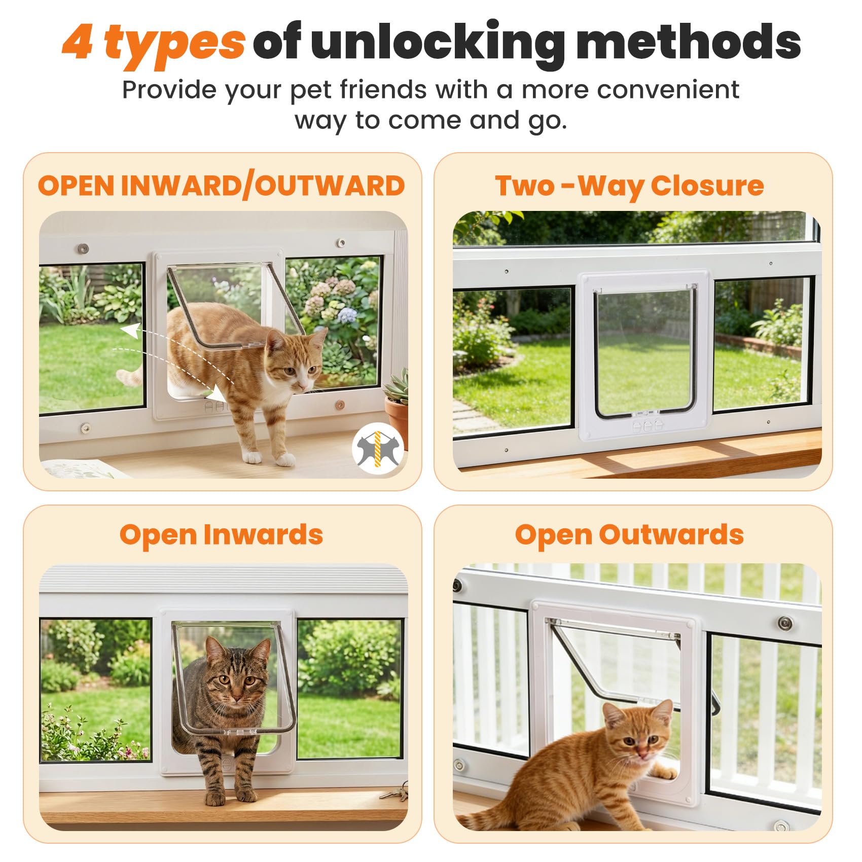 Full Size Cat Door Window Insert，Adjustable Width of 23"-28", 4 Locking Modes, Magnetic Closure, 10-Min Quick Install, HD Transparent Flap,Weatherproof Window Pet Door for Cats & Small Dogs
