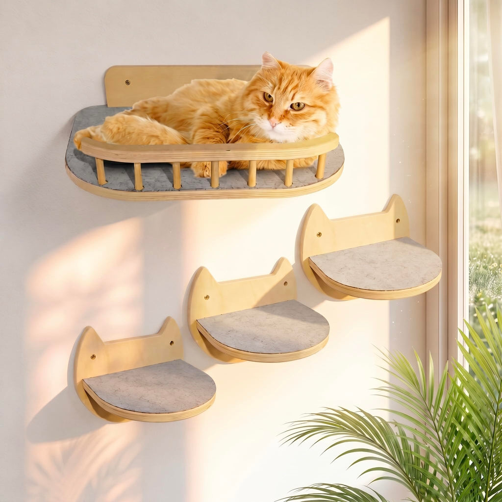 BUOGA Cat Wall Shelves, Floating Bed with 3 Cat Wall Steps - Natural