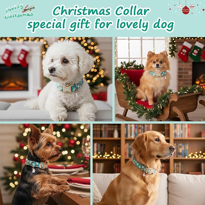 Astdogio Christmas Dog Collar，Soft Cotton Dog Collars for Small Dogs, Dog Christmas Collar with Santa for Small Medium Large Dogs, Adjustable Green Collars Perfect for Girl or Boy Dog Collars-S