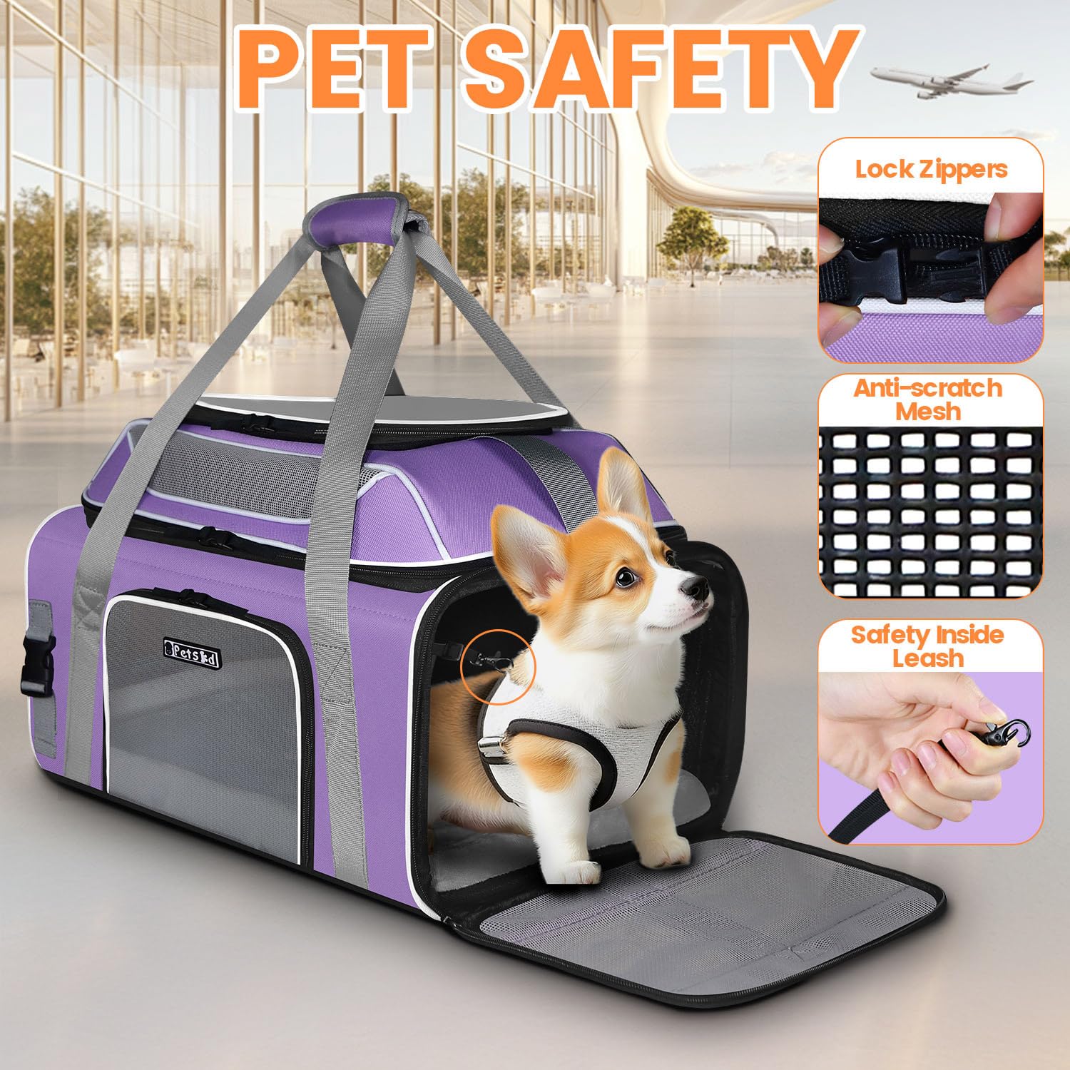 Petskd Top and Side Expandable Pet Carrier Airline Approved, Purple