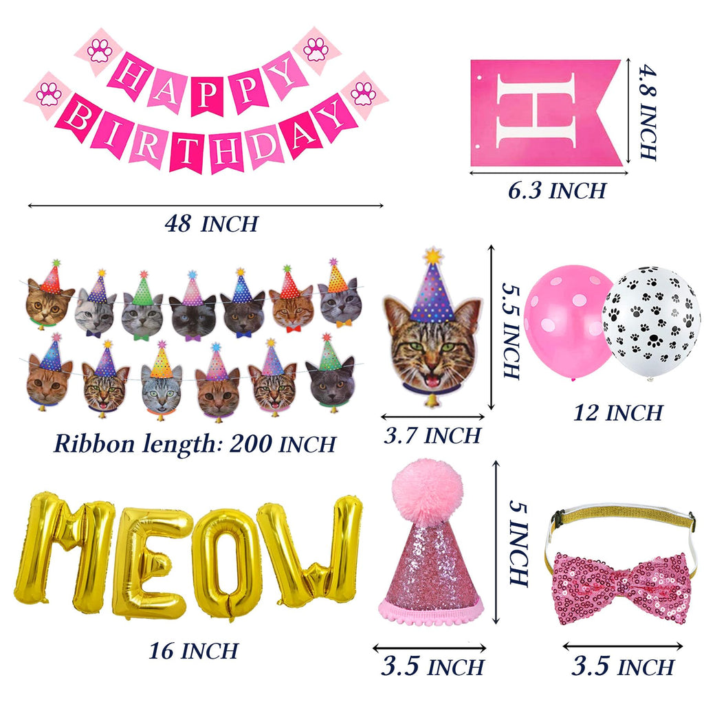 STMK Cat Birthday Party Supplies, Cat Birthday Hat Bandana Bow Tie Collar Number Banner Garland Meow Letter Balloons for Cats Kitten Outfits Decorations (Pink)