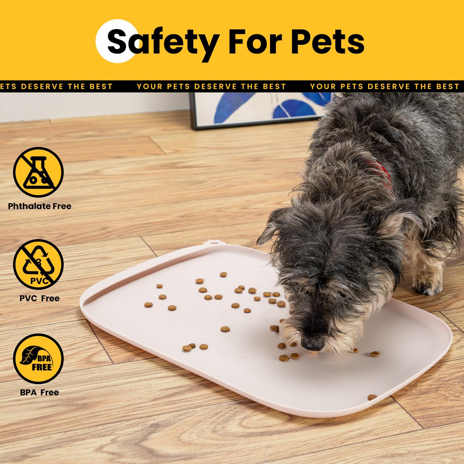 Silicone Dog Food Mat with Side Pocket & Hook Hole, Soft Raised Edges, Easy Clean Waterproof Non-Slip Pet Feeding Mat for Cats and Dogs Water Bowl, Pets Accessories(24"x16",Natural Tan)