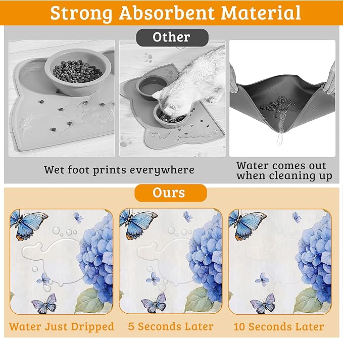 Pet Feeding Mat,Blue Hydrangea Absorbent Dog Cat Food Mat Butterfly Floral Dog Mat with Rubber Backing,Non-Slip Water Bowl Placemat,Pet Supplies 12" x 20"