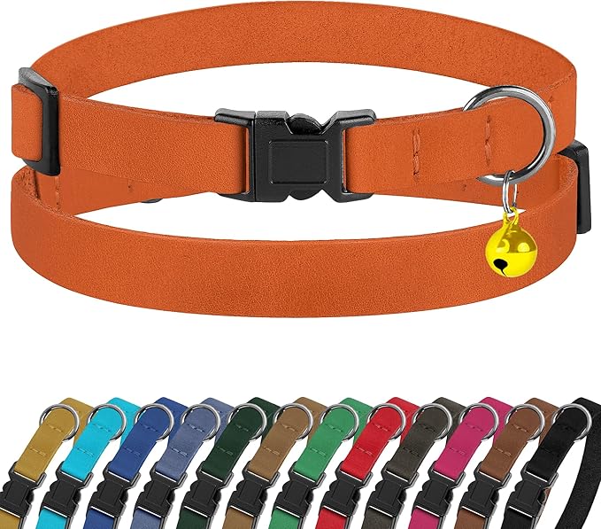 Breakaway Cat Collar Leather with Removable Bell - 13 Colors Available - Soft Adjustable Girl Boy Safety Lightweight Pet Kitten Collars Pink Brown Blue Green Red Orange Black (Denim)