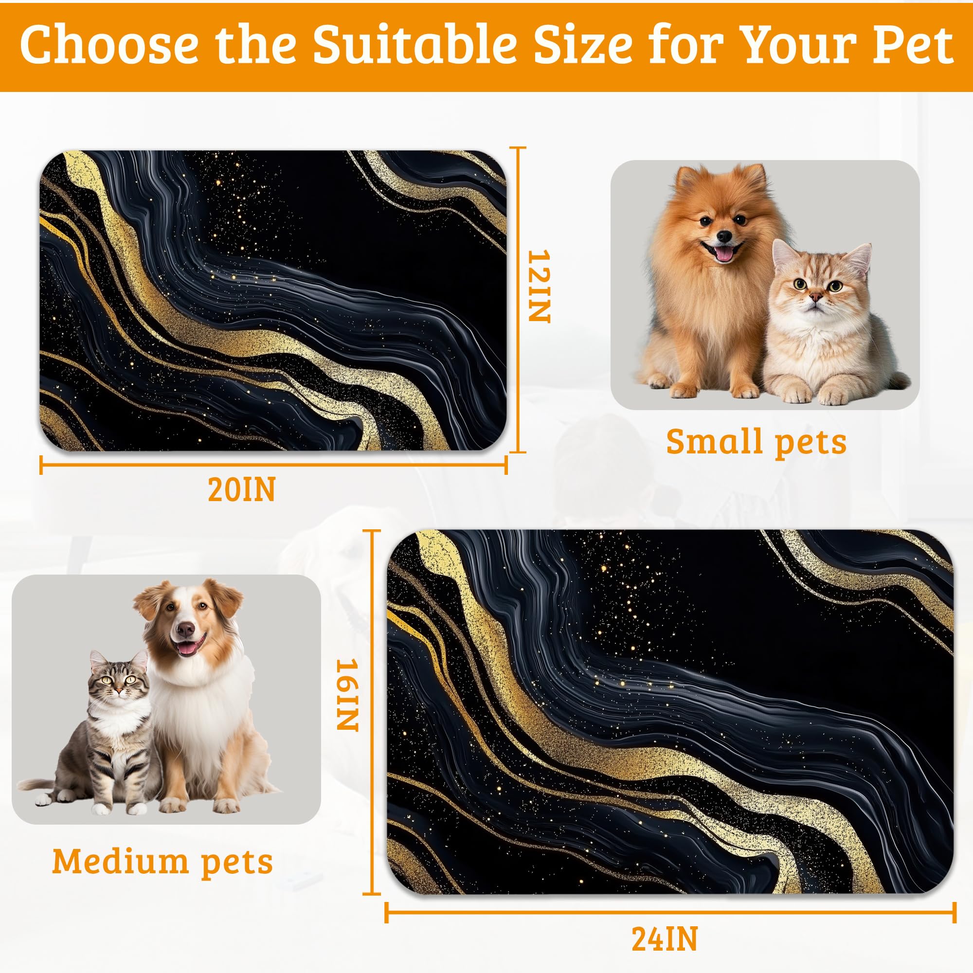 Dog Bowl Mat,Abstract Marbled Pet Feeding Mat for Floors Waterproof,Gold Black Absorbent Dogs Placemat for Food and Water Quick Dry Pet Cat Feeding Mats with Non Slip Bottom 16" x 24"