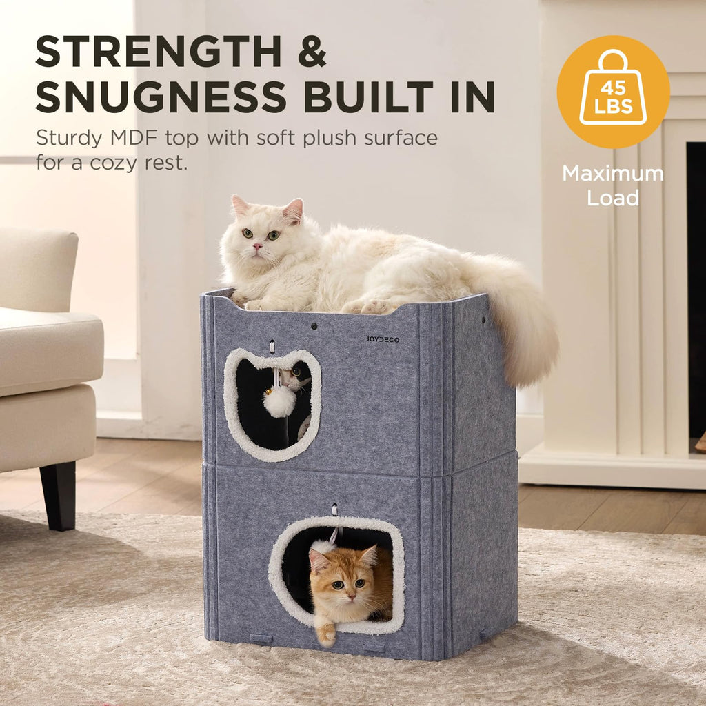 Joydeco Cat House for Indoor Cats, 2 Story Scratch Resistant Felt Cat Condo, Hideaway Pet Cave Bed with Fluffy Ball and Tunnel for Kitten, Small Dogs, Rabbits, 17.7 x 13.3 x 24, Grey