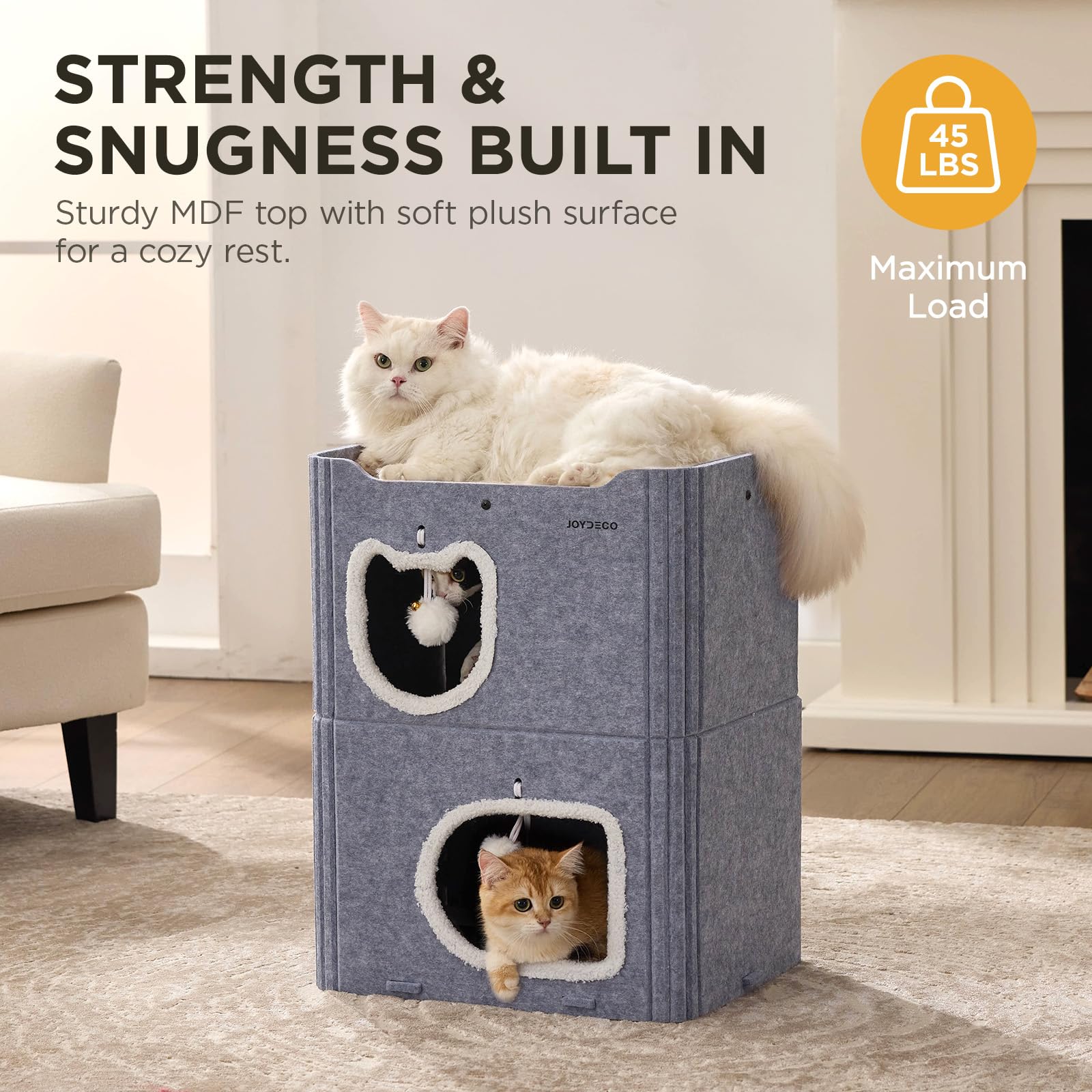 Joydeco Cat House for Indoor Cats, 2 Story Scratch Resistant Felt Cat Condo, Hideaway Pet Cave Bed with Fluffy Ball and Tunnel for Kitten, Small Dogs, Rabbits, 17.7 x 13.3 x 24, Grey