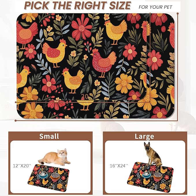 Chicken Rooster Hen Flower Meadow Dog Cat Food Mat,Absorbent Pet Feeding Mat with Rubber Backing,Non-Slip Water Bowl Placemat,Indoor Pet Accessories Supplies 16"x24"