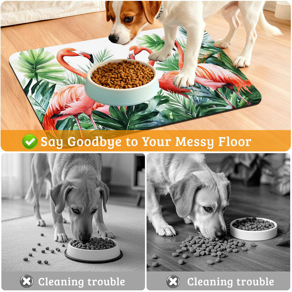 Pink Flamingo Dog Food Mat,Plam Leaves Absorbent Pet Feeding Mat for Food and Water Bowl,Quick Dry Dog Placemat Non Slip Rubber Backing Waterproof Pet Supplies 16" x 24"