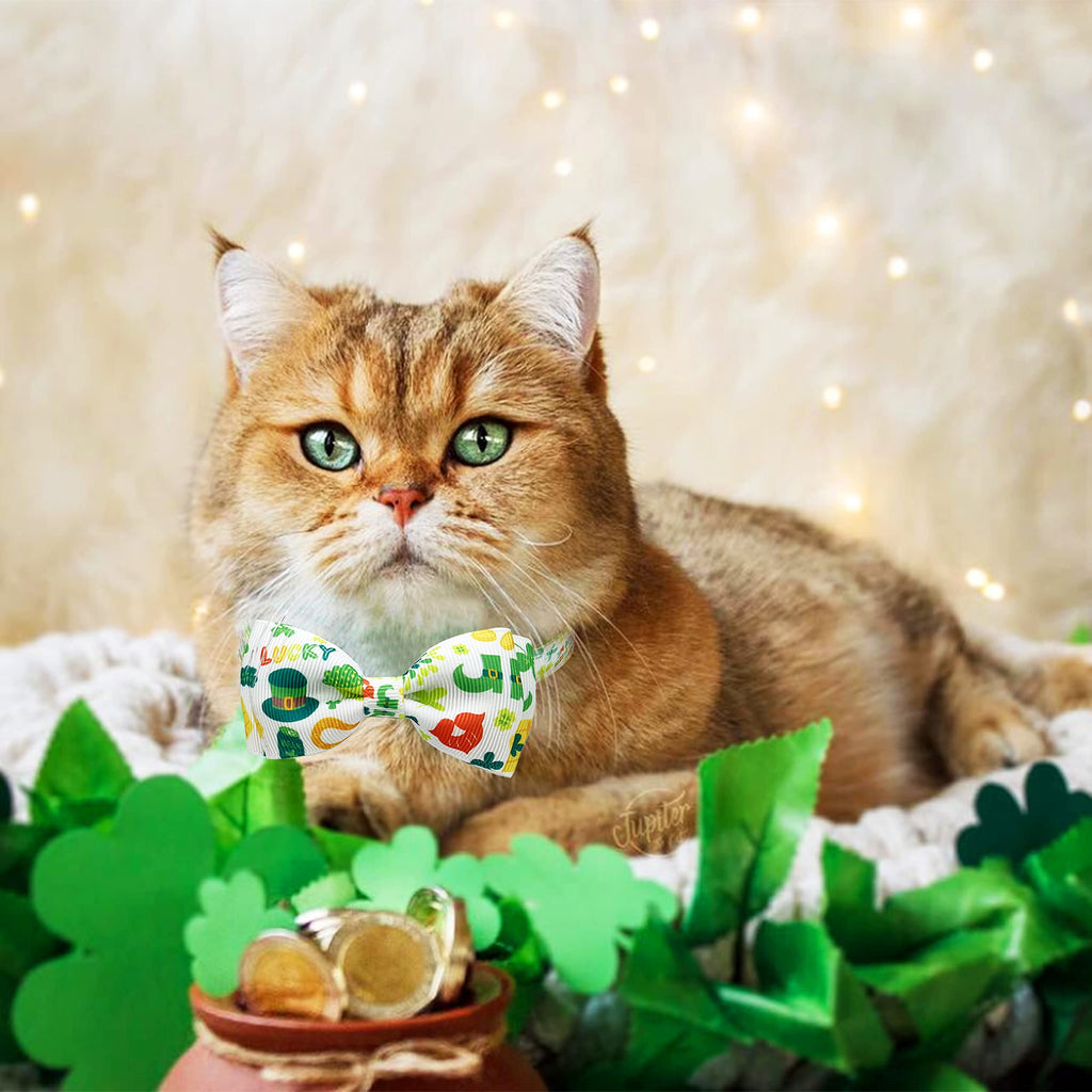 2 Pack St. Patrick Day Cat Collar with Bow Tie,Holiday Kitty Kitten Collar with Bell for Male Female Boys and Girls (Luckyclover)