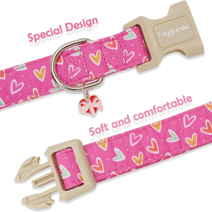 Faygarsle Valentine's Day Dog Collar, Pink Heart Pattern with Heart Charm, Pet Collar for Small Medium Large Dogs, XS