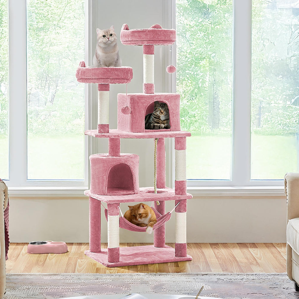Yaheetech 62.5inches Cat Tree Cat Tower Cat Condo with Platform & Hammock, Scratching Posts for Kittens Pet Play House with Plush Perch for Indoor Activity Relaxing, Pink