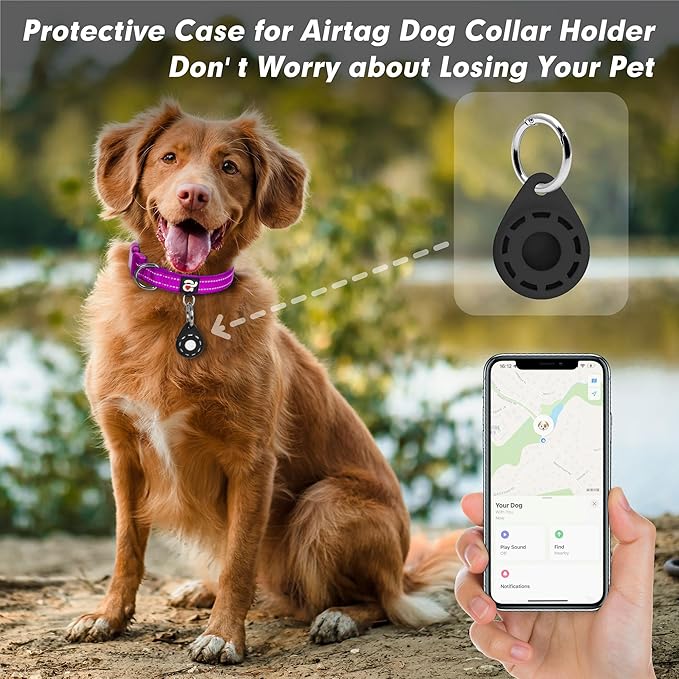 azuza Reflective Dog Collar with Airtag Holder, Soft Neoprene Padded Pet Collar with ID Tag Ring, Adjustable for Large Dogs,Purple,L