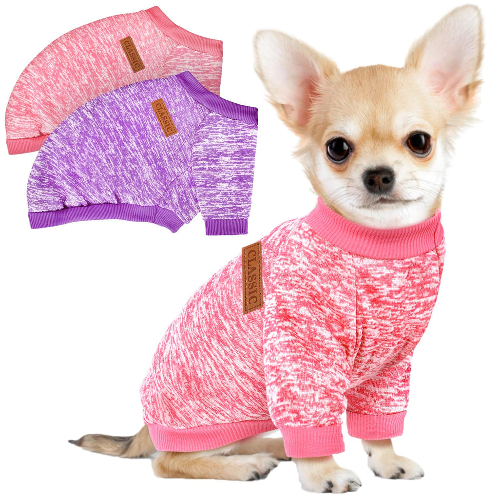 2 Pack Dog Sweaters for Small Dogs Girl Boy Winter Fleece Clothes Warm Soft Dog Sweatshirt Outfit for Dogs Cats Pet Apparel (Pink+Purple, XS (Back: 9.8",Chest: 13.7", 3.5-5.5lbs))