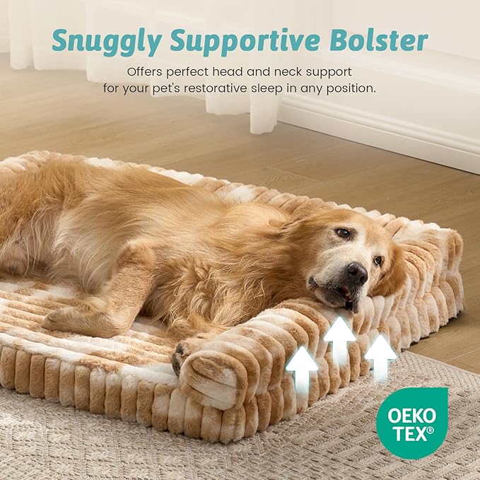 Cute Dog Bed for Extra Large Dogs, Faux Rabbit Fur Orthopedic Dog Bed with Sides, Removable Washable Cover & Waterproof Lining, Comfortable Pet Couch, Tie-Dye Brown (48" L x 35" W x 7.5" Th)