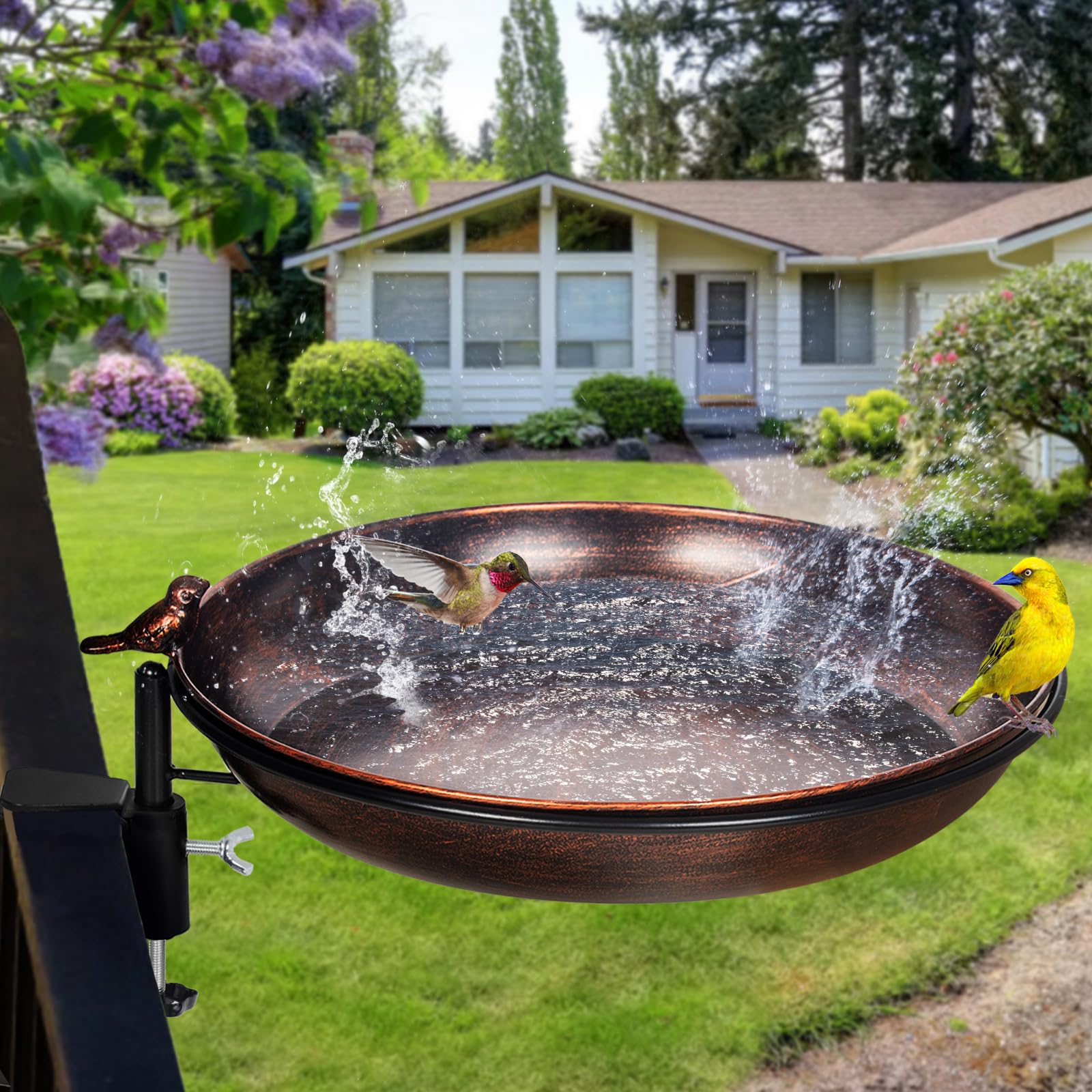 DREAMSOUL Deck Mounted Bird Bath Metal Birdbath Bowl Unheated with Lightweight Detachable, Bird Baths with Adjustable Sturdy Steel Clamp for Deck Railing Balcony Yard Garden Decoration