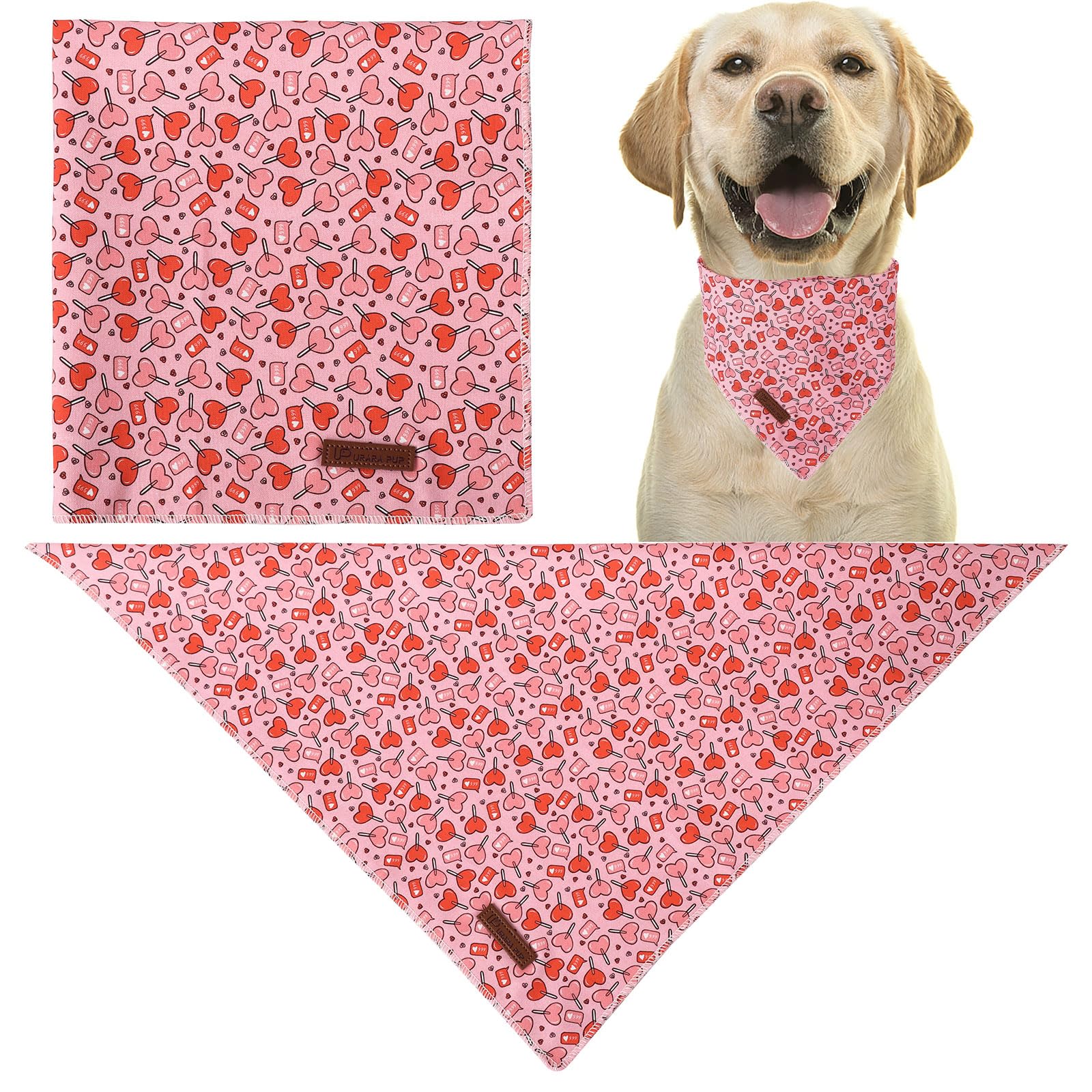 UP URARA PUP Valentine Dog Bandana - Pink Heart Triangle Bid Scarf for Small/Medium Dogs, Cats; Cotton Kerchief for Girl/Boy Pets, Red, Cute Adorable Puppy Bandana