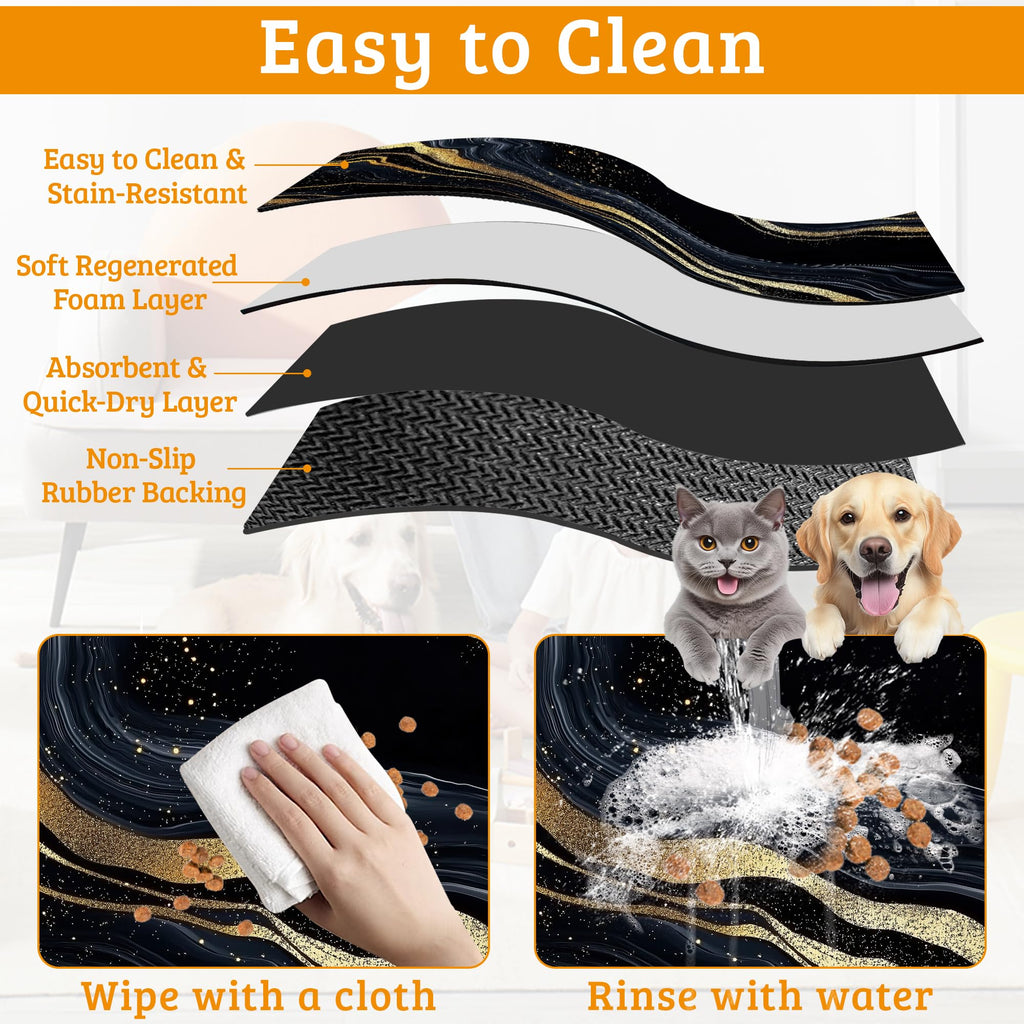 Dog Bowl Mat,Abstract Marbled Pet Feeding Mat for Floors Waterproof,Gold Black Absorbent Dogs Placemat for Food and Water Quick Dry Pet Cat Feeding Mats with Non Slip Bottom 16" x 24"