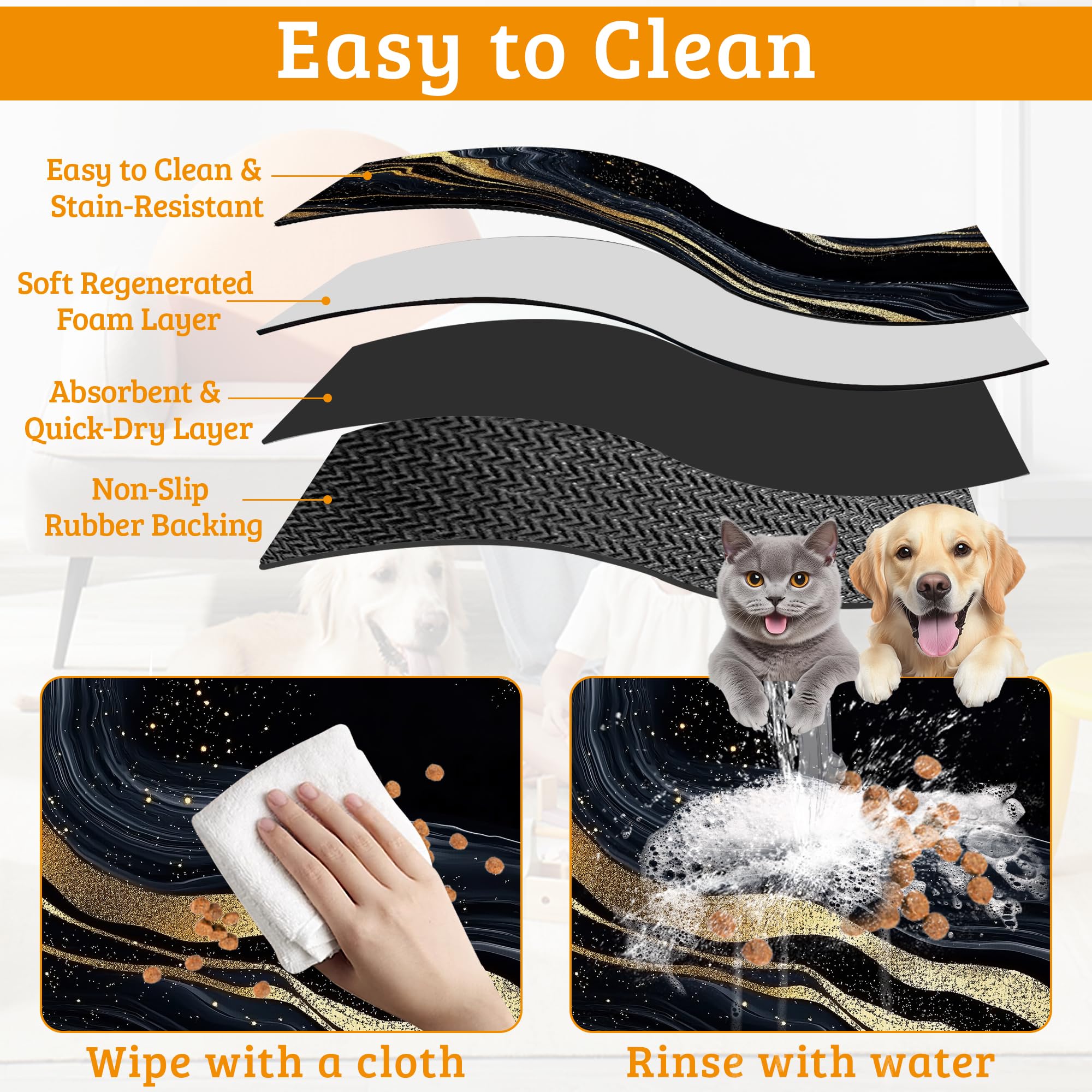 Dog Bowl Mat,Abstract Marbled Pet Feeding Mat for Floors Waterproof,Gold Black Absorbent Dogs Placemat for Food and Water Quick Dry Pet Cat Feeding Mats with Non Slip Bottom 16" x 24"