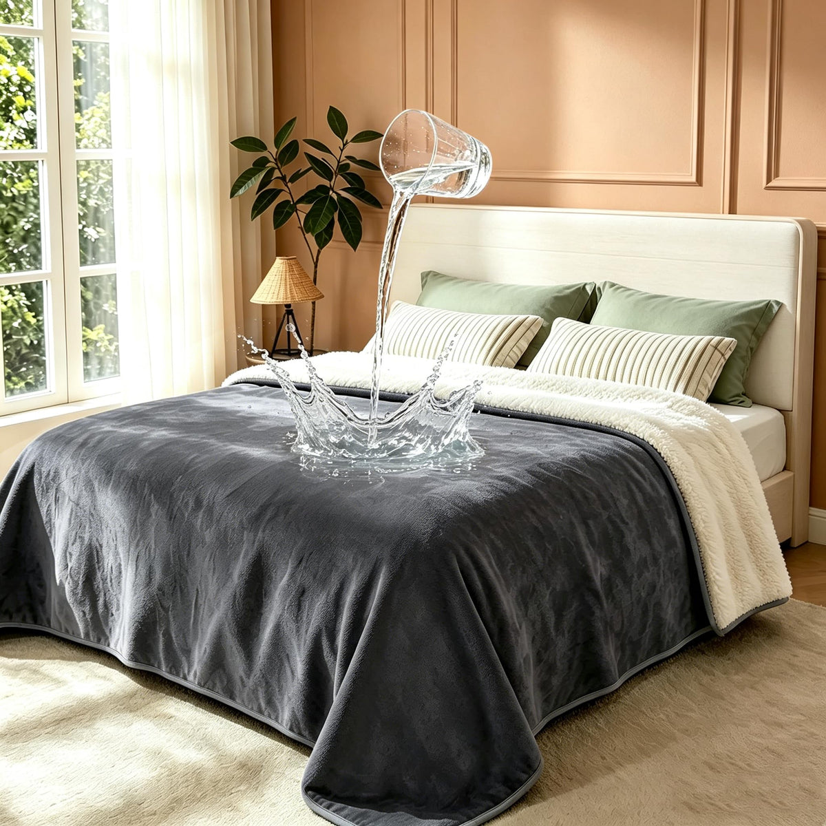gogobunny Waterproof Bed Blanket, Reversible Sherpa Fleece Throw Blanket for Dog Puppy Cat, Furniture Cover Protects Bed Couch Sofa from Liquid Pee and Pet Fur (Cream, 90x108 inches)