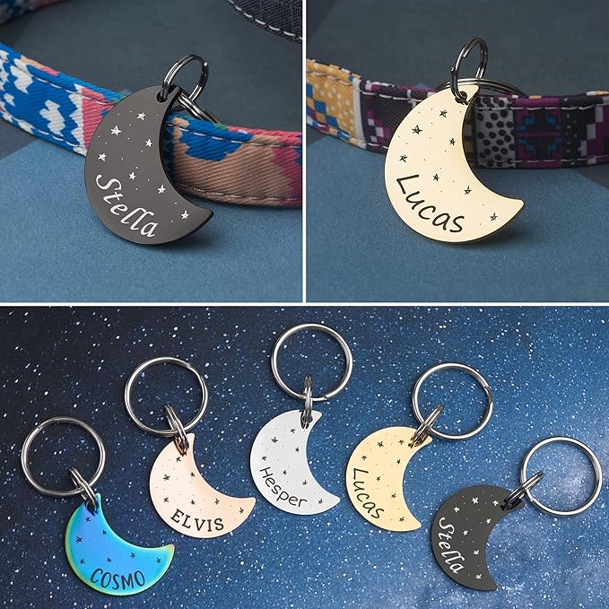 Anavia Small Size Dog Cat ID Tags, Small/XS Personalized Color Plated Stainless Steel Puppy Kitten Name Tags, Customized Engraved Nameplate Pet Collar Tag (Rose Gold, Moon)