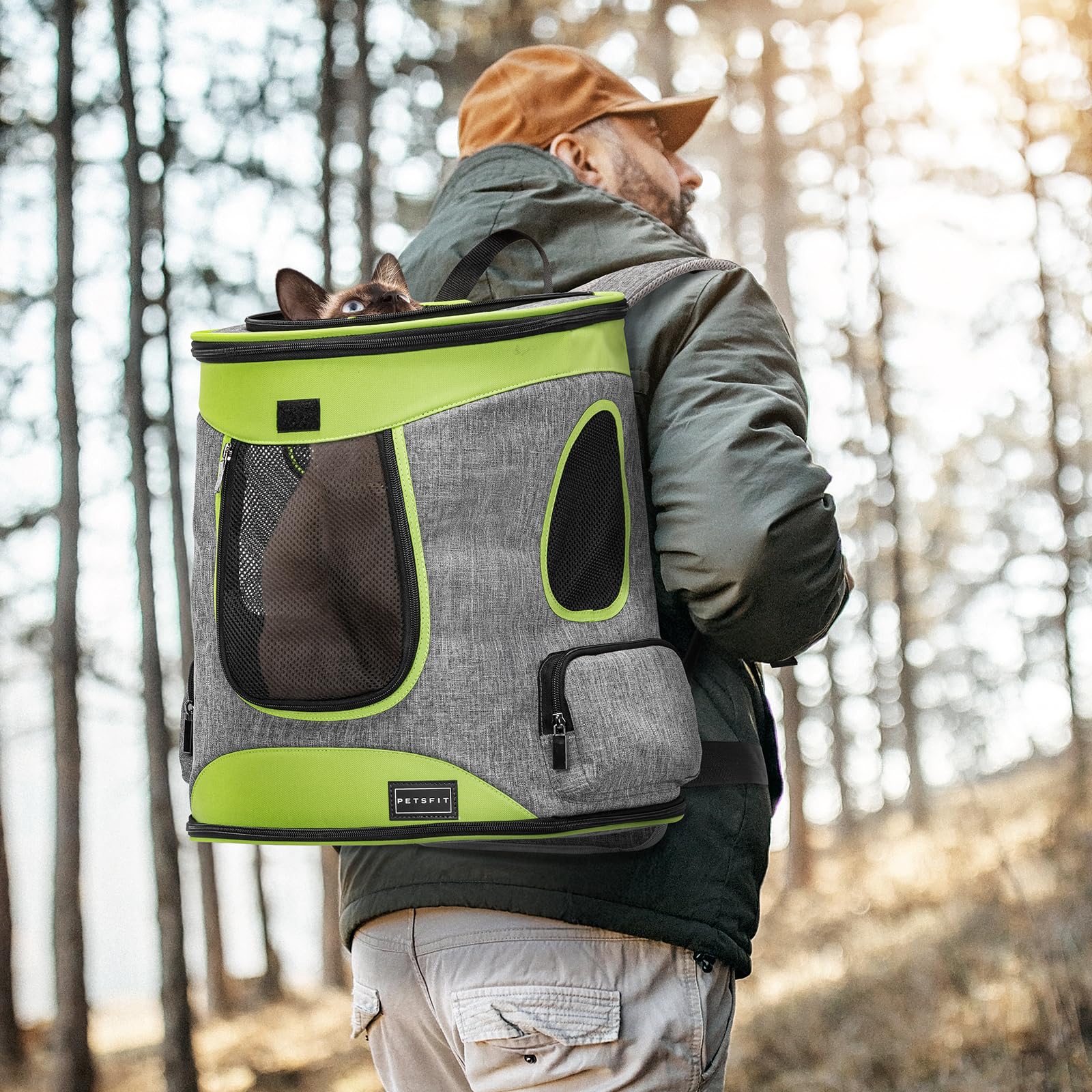 Petsfit Pet Backpack Carrier Easy-Fit Dog Travel Backpack Carrier for Hiking Walking Cycling Suitable for Small Medium Dogs Cats and Rabbits up to 22 Pounds, Green