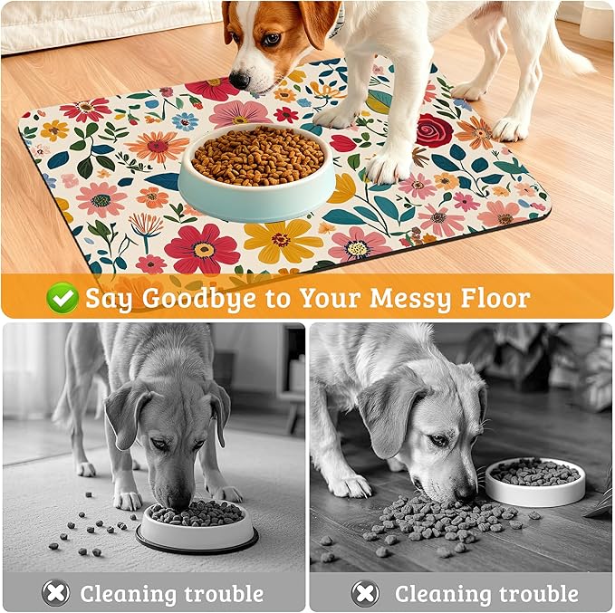 Colorful Flower Feeding Mat,Groovy Wildflowers Absorbent Quick-Dry Cat Dog Food and Water Bowl Mats,Non-Slip Rubber Backing Mat,Cat Dog Accessories Supplies 16" x 24"