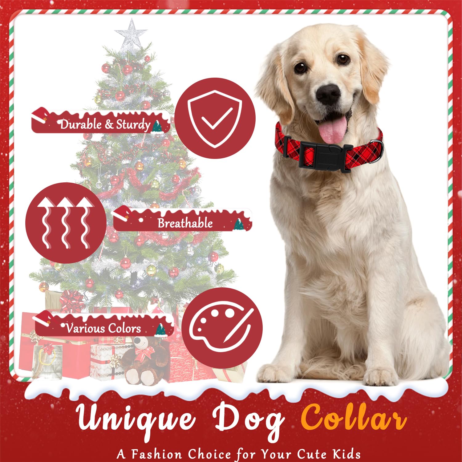 Seyezo Christmas Plaid Dog Collar, Metal D-Ring, Red Plaid, XS