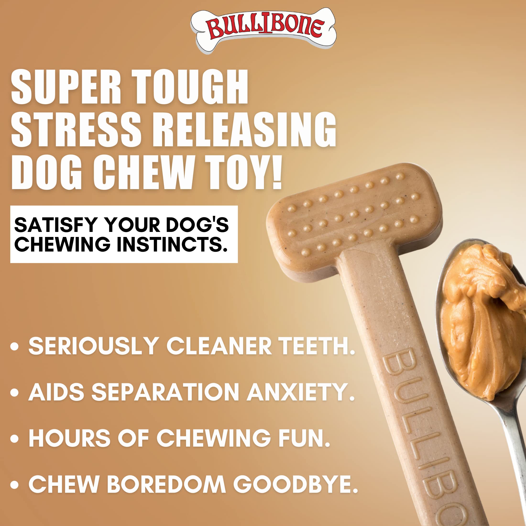 Bullibone Nylon Dog Chew Toy for Aggressive Chewers - Dental Hygiene Bone with Peanut Butter Flavor, Durable Tough Chew Toys for Large Dogs, Indestructible Dog Bone - Single